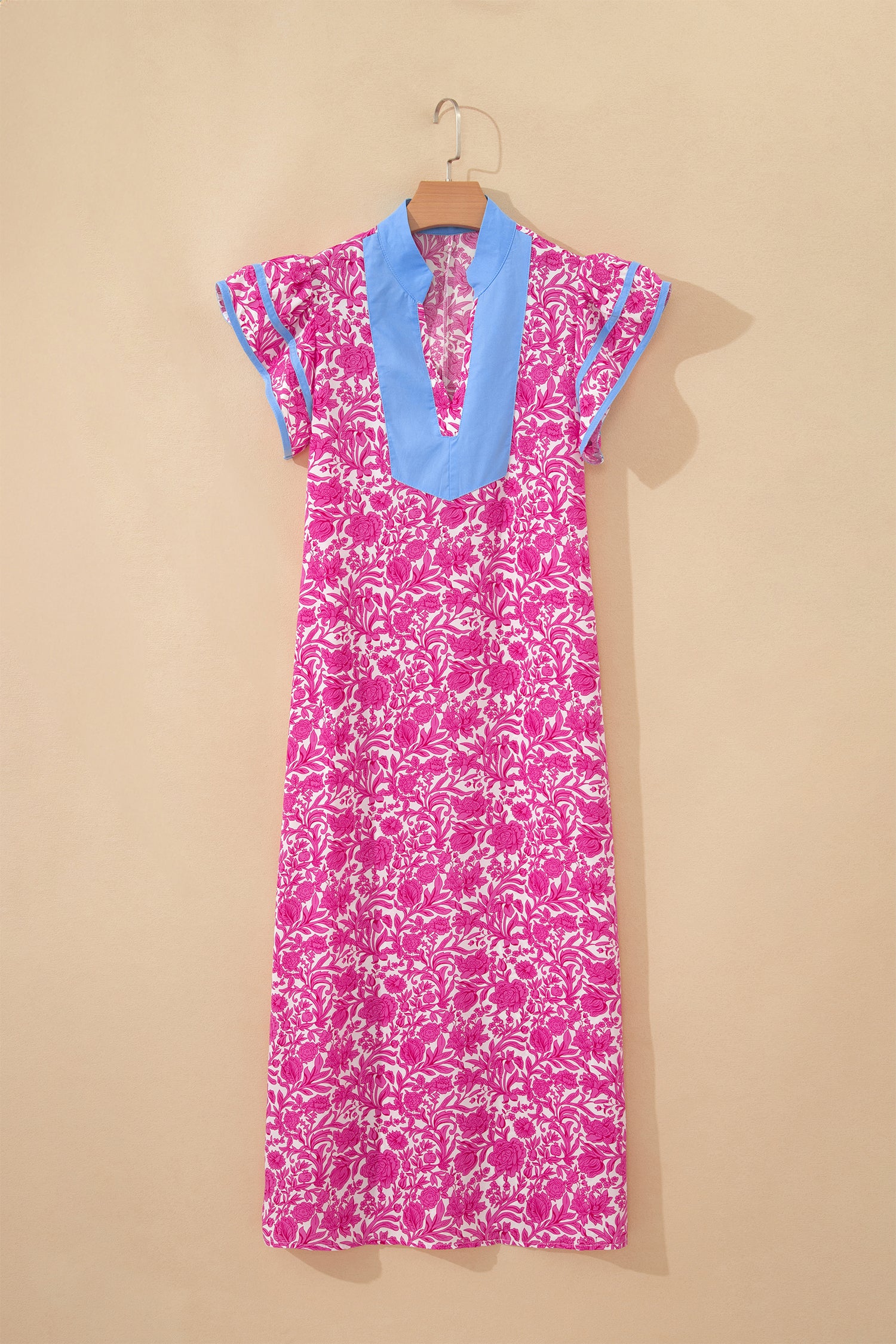 Floral Print Colour Block Patchwork V-Neck Short Sleeve Midi Dress