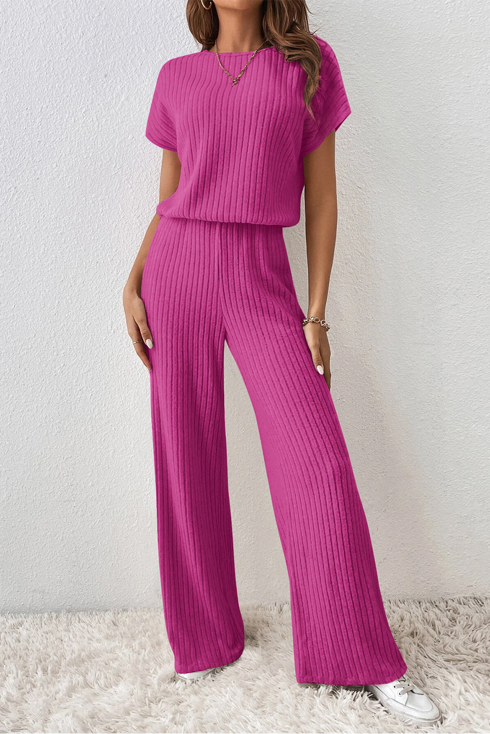 Black Solid Colour Ribbed Short Sleeve Wide Leg Jumpsuit eAura