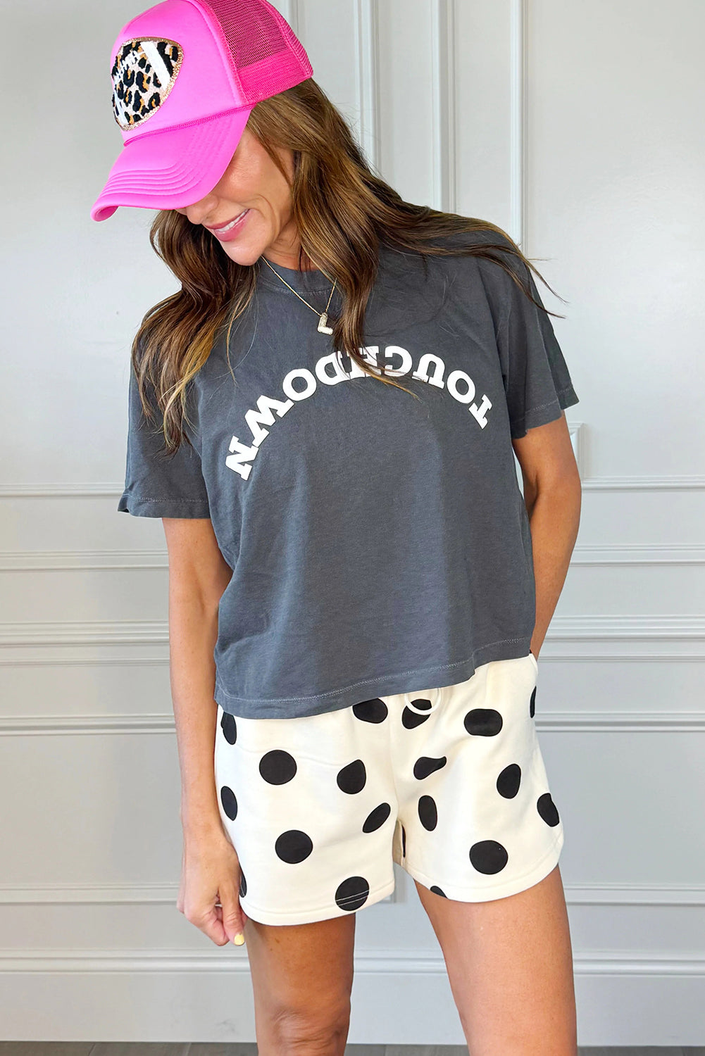 Polka Dot Print Drop Shoulder Pullover Drawstring Shorts Set