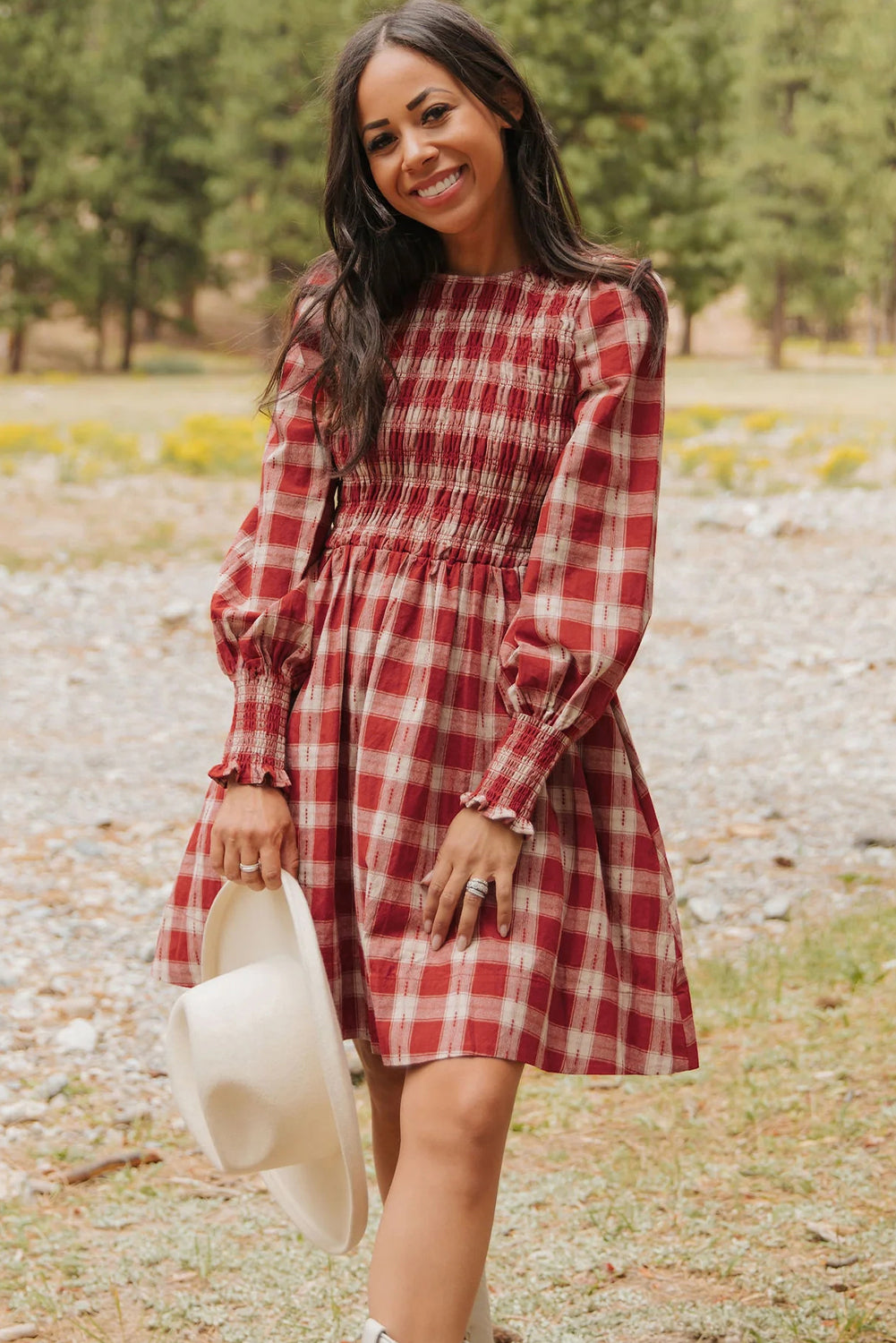Plaid Print Smocked Puff Sleeve Mini Dress - eAura
