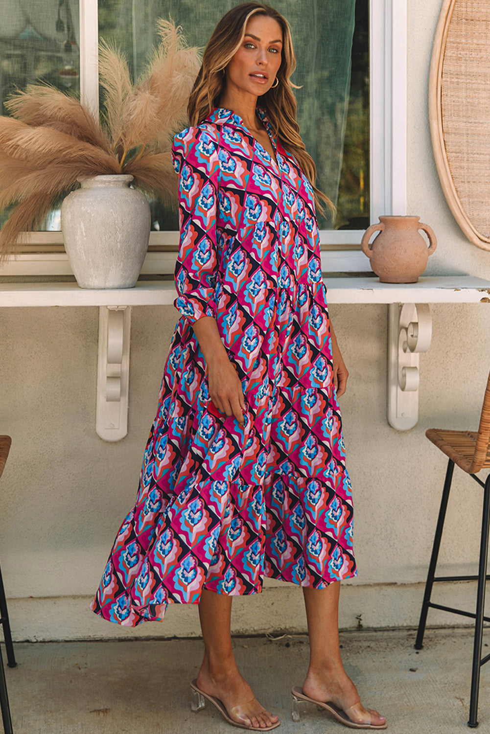 Abstract Geometric Print Long Sleeve High Waist Dress eAura