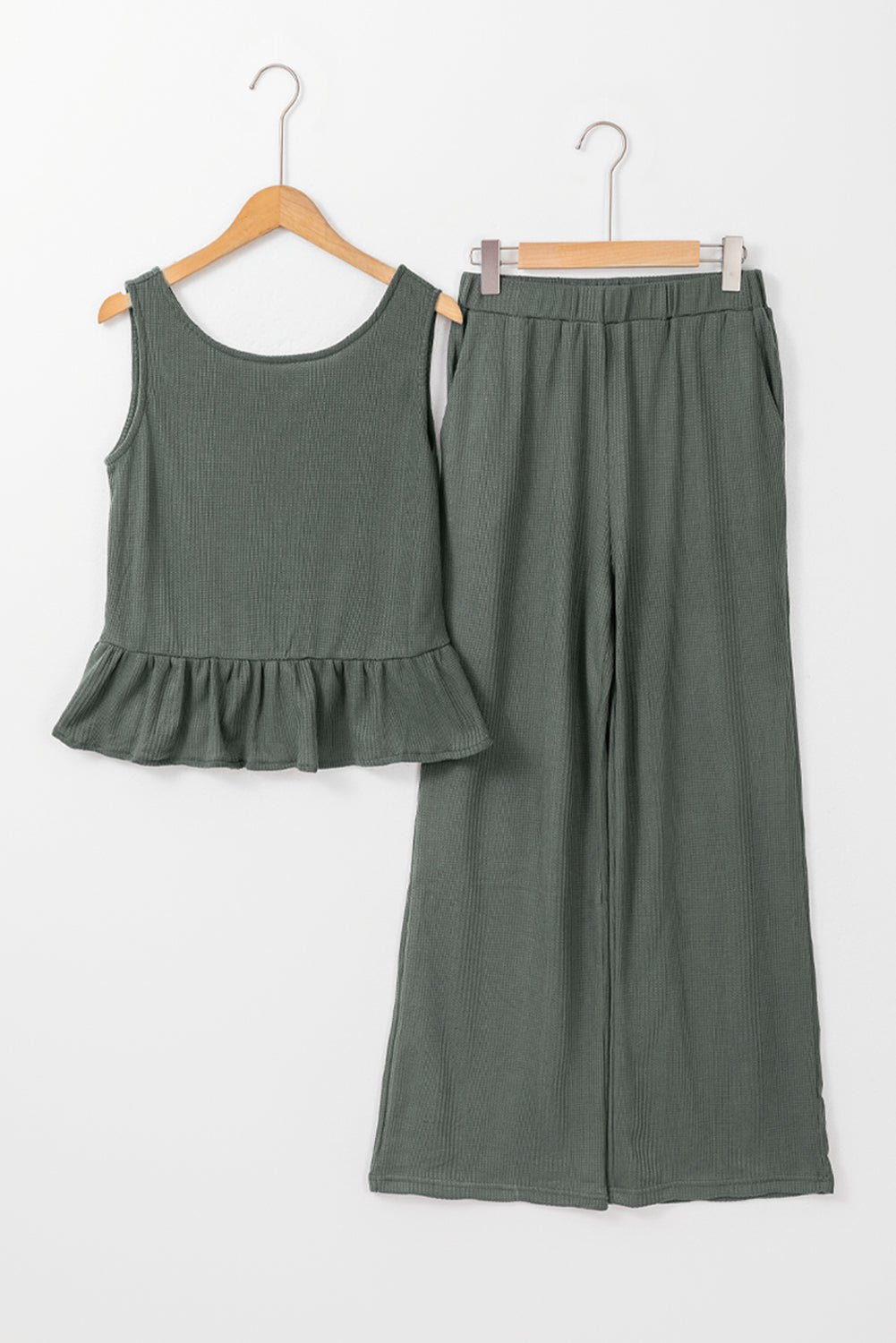 Duffel Green Solid Colour Ribbed Ruffle Tank Top and Trousers Set eAura