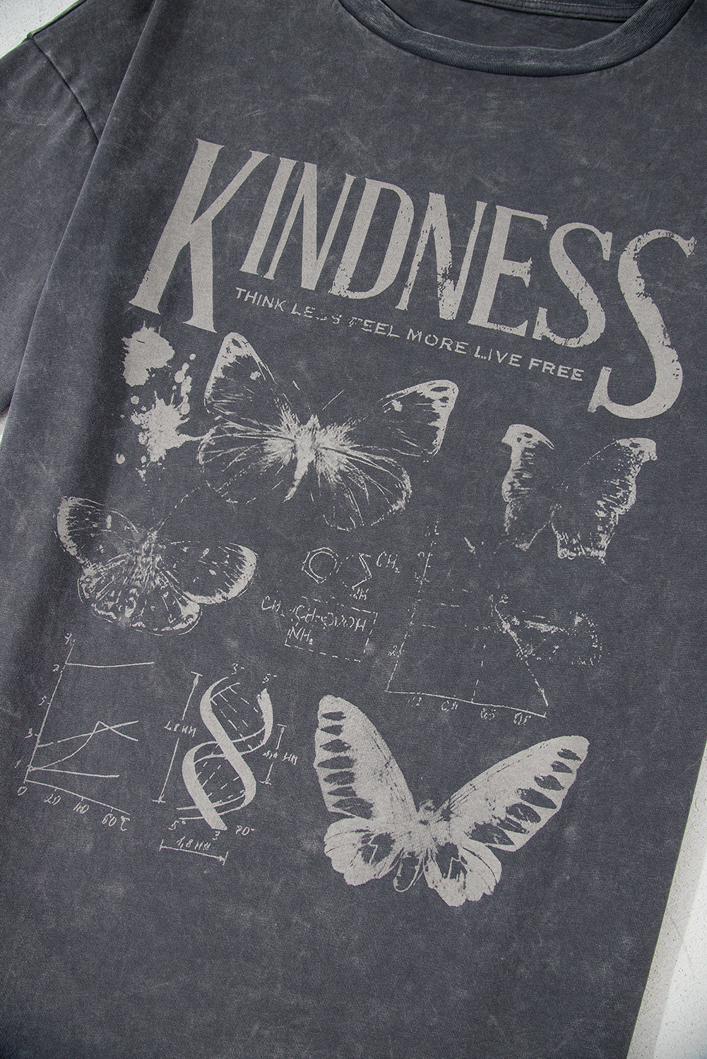 Dark Grey Kindness Butterflies Graphic Mineral Wash Loose Tee eAura