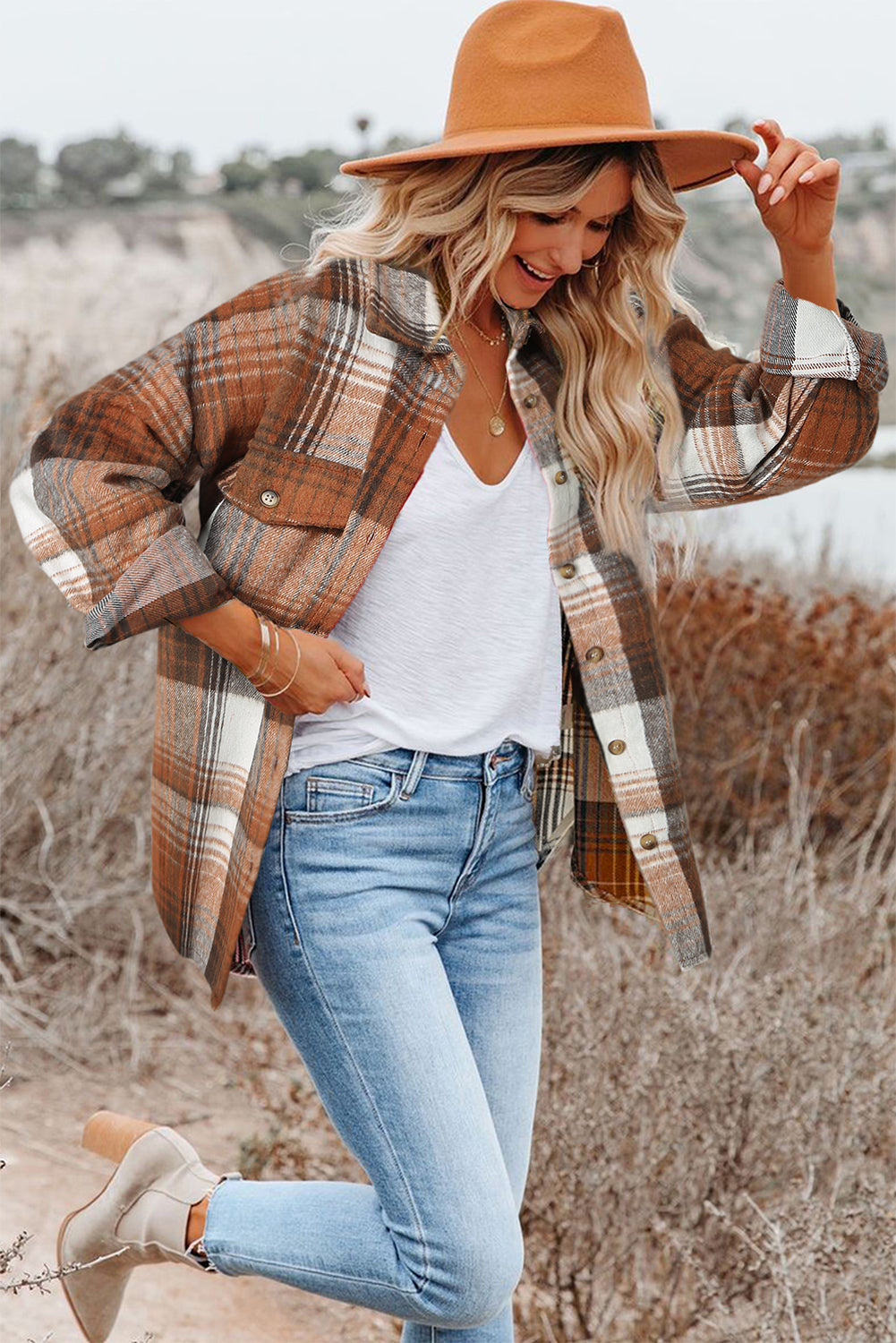 Pink Black/Pink Plaid Flap Pockets Shacket eAura