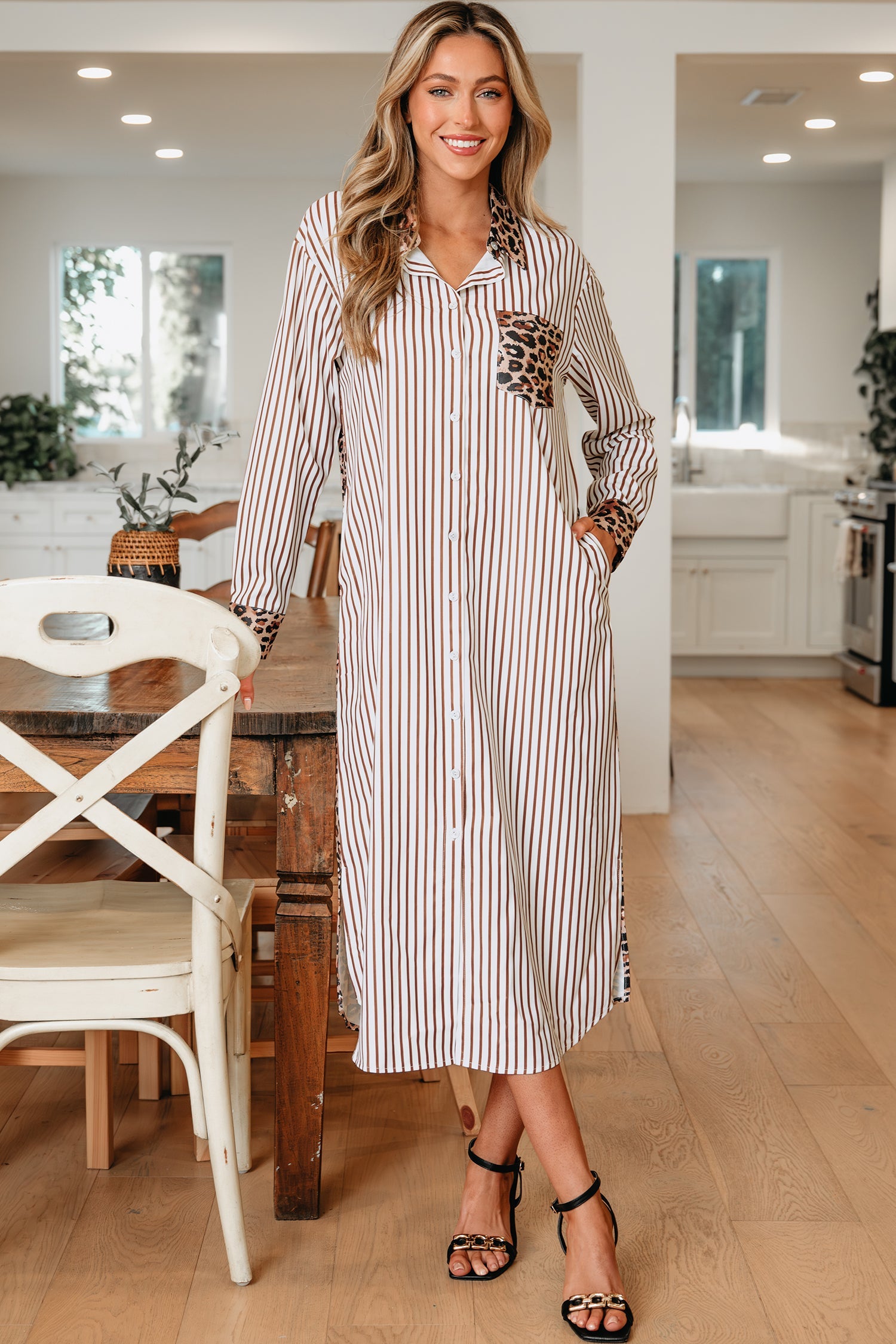 Stripe Contrast Leopard Patchwork Long Shirt Dress with Slits - Dresses/Maxi Dresses