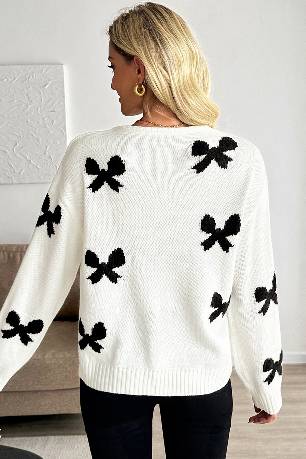 White Lace-up Bow Pattern Sweater Cardigan - eAura