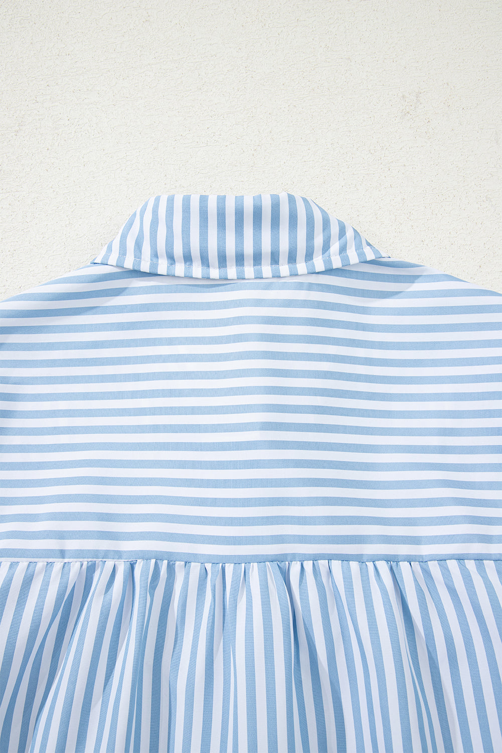 Stripe Shirred Half Collared Long Sleeve Blouse - eAura