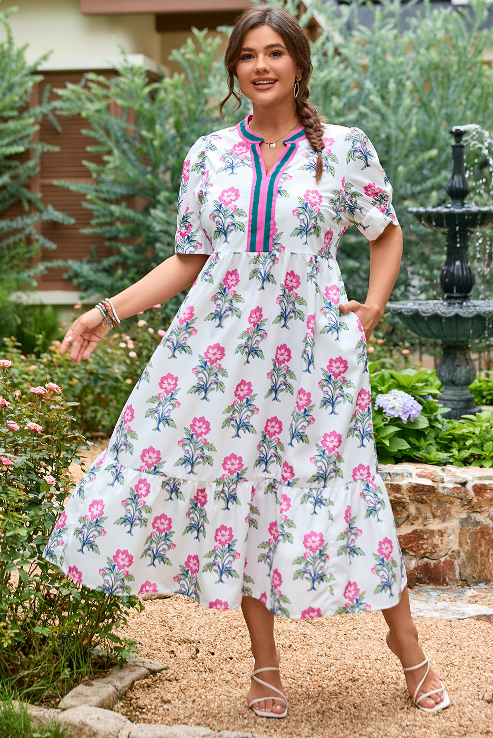 Print Contrast Split Neckline Short Puff Sleeve Curvy Dress BB Fashion Outlet