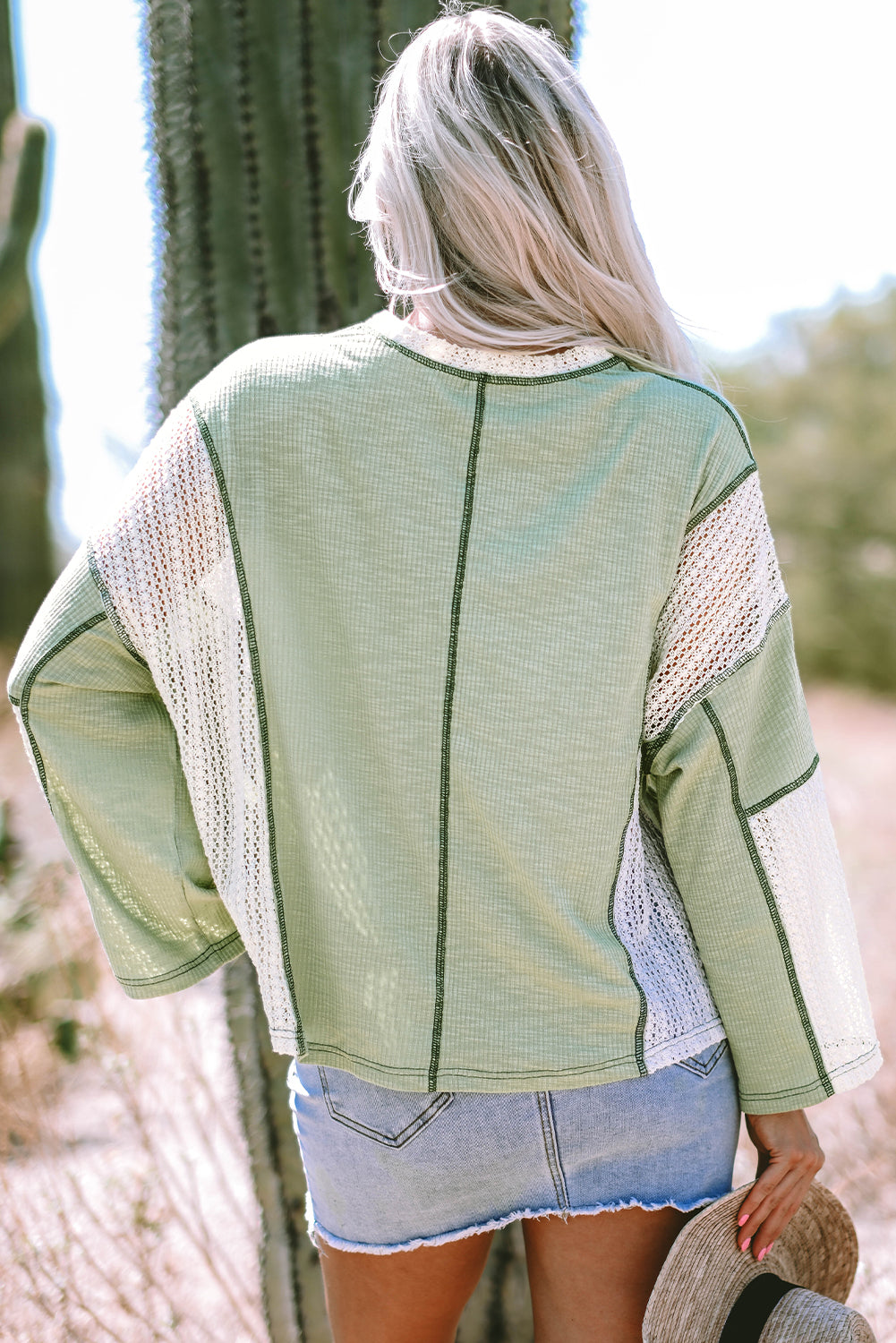 Parchment Crochet Detail Exposed Seam High Low Loose Top eAura