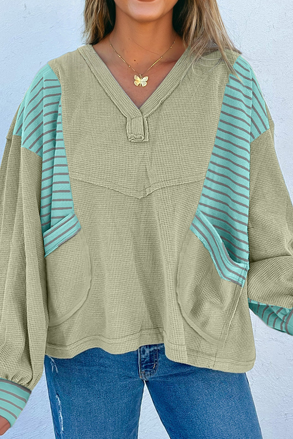 Exposed Seam Waffle Striped Patchwork Baggy Pullover - eAura