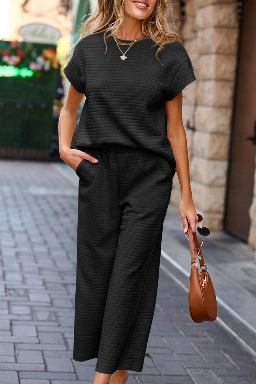 Black Textured Short Sleeve Top and Casual Trouser Set eAura
