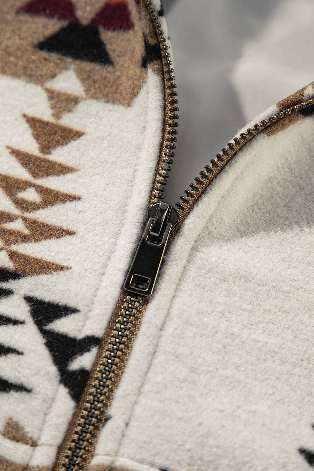 Beige Aztec Printed Stand Neck Zip Up Jacket eAura