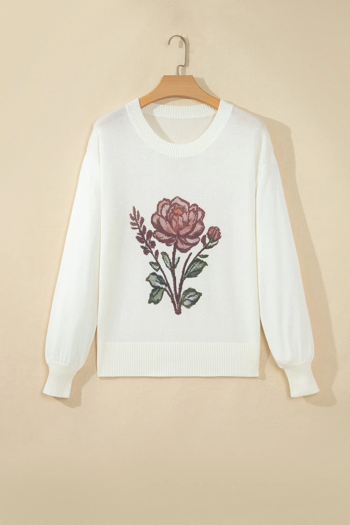 Western Floral Dropped Shoulder Lightweight Knit Sweater – White