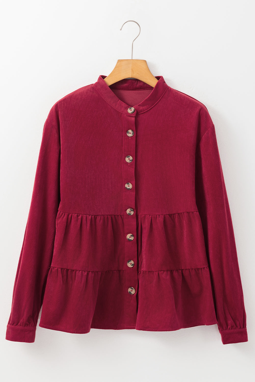 Burgundy Corduroy Ruffle Tiered Buttoned O Neck Shirt eAura