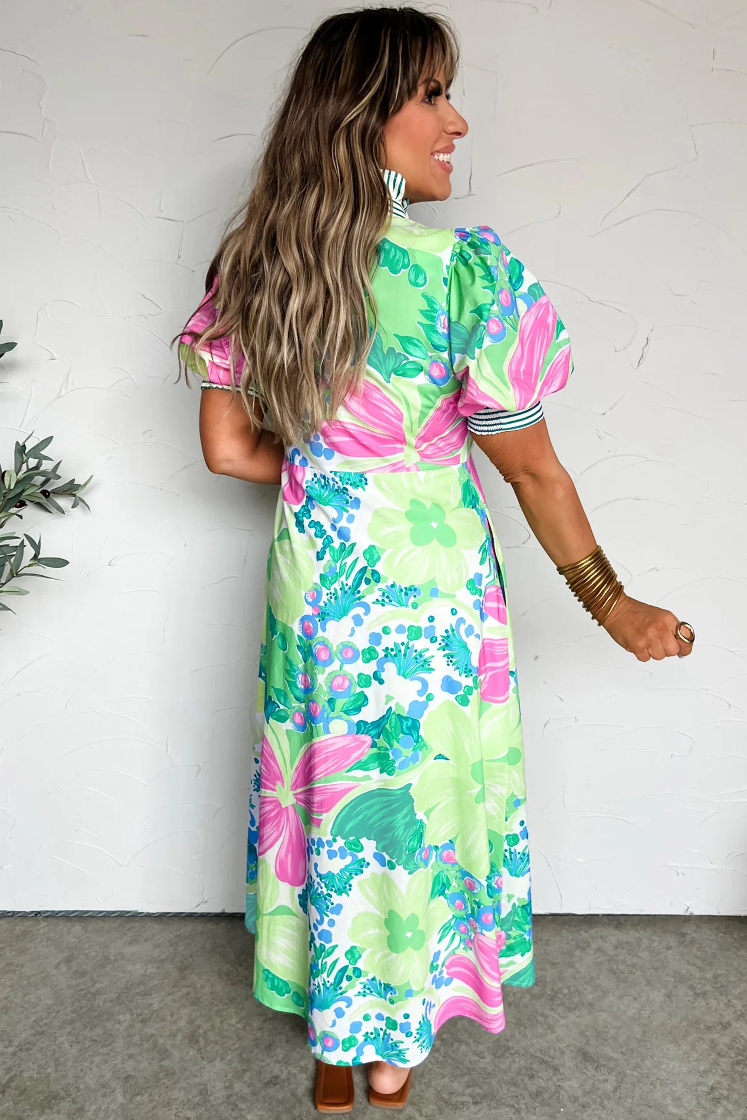 Floral Print Striped Trim Button-Down Shirt Dress