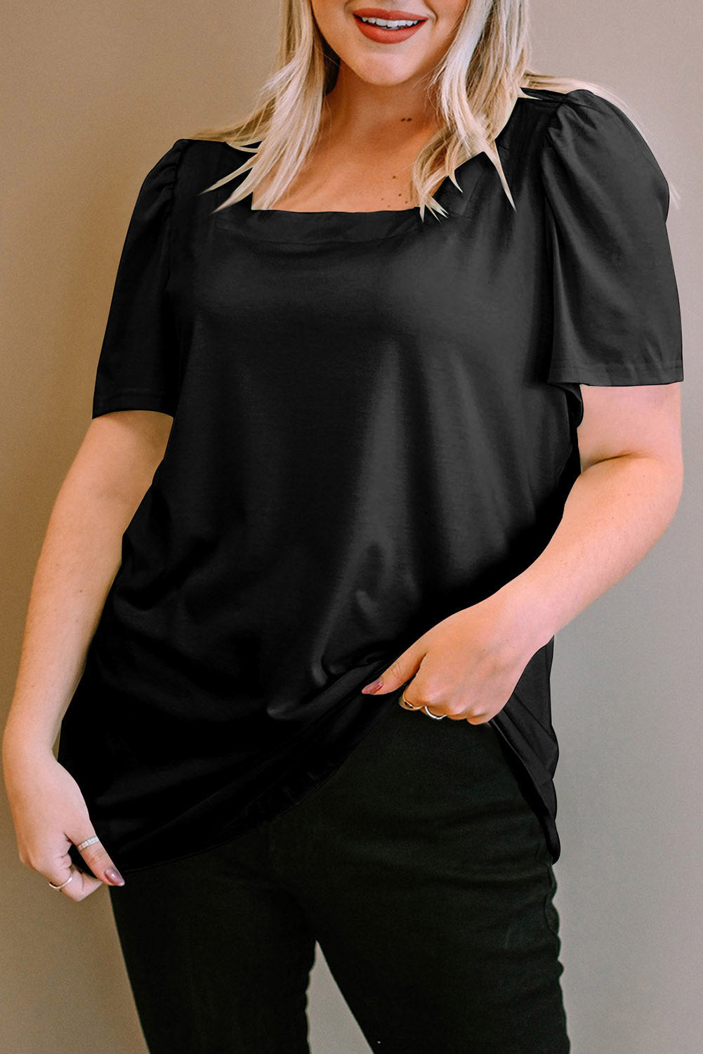 Green Plus Size Square Neck Ruched Shoulder Short Sleeve Top BB Fashion Outlet