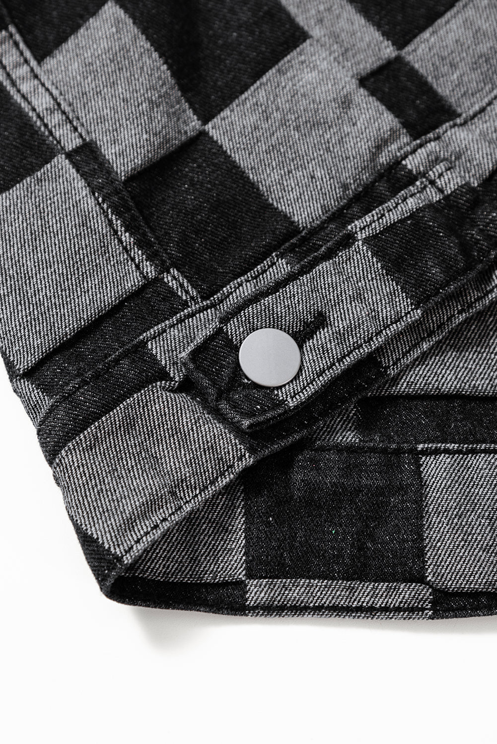 Light Blue Checkered Patchwork Button up Denim Jacket Beagle Boutique Fashion Outlet