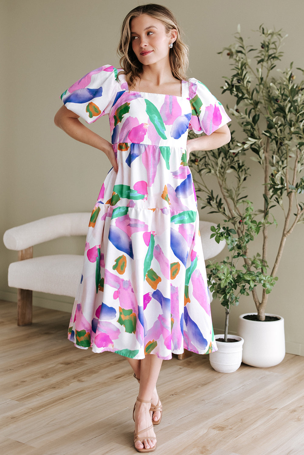 Purple Abstract Print Puff Sleeve Smocked Back Midi Dress BB Fashion Outlet