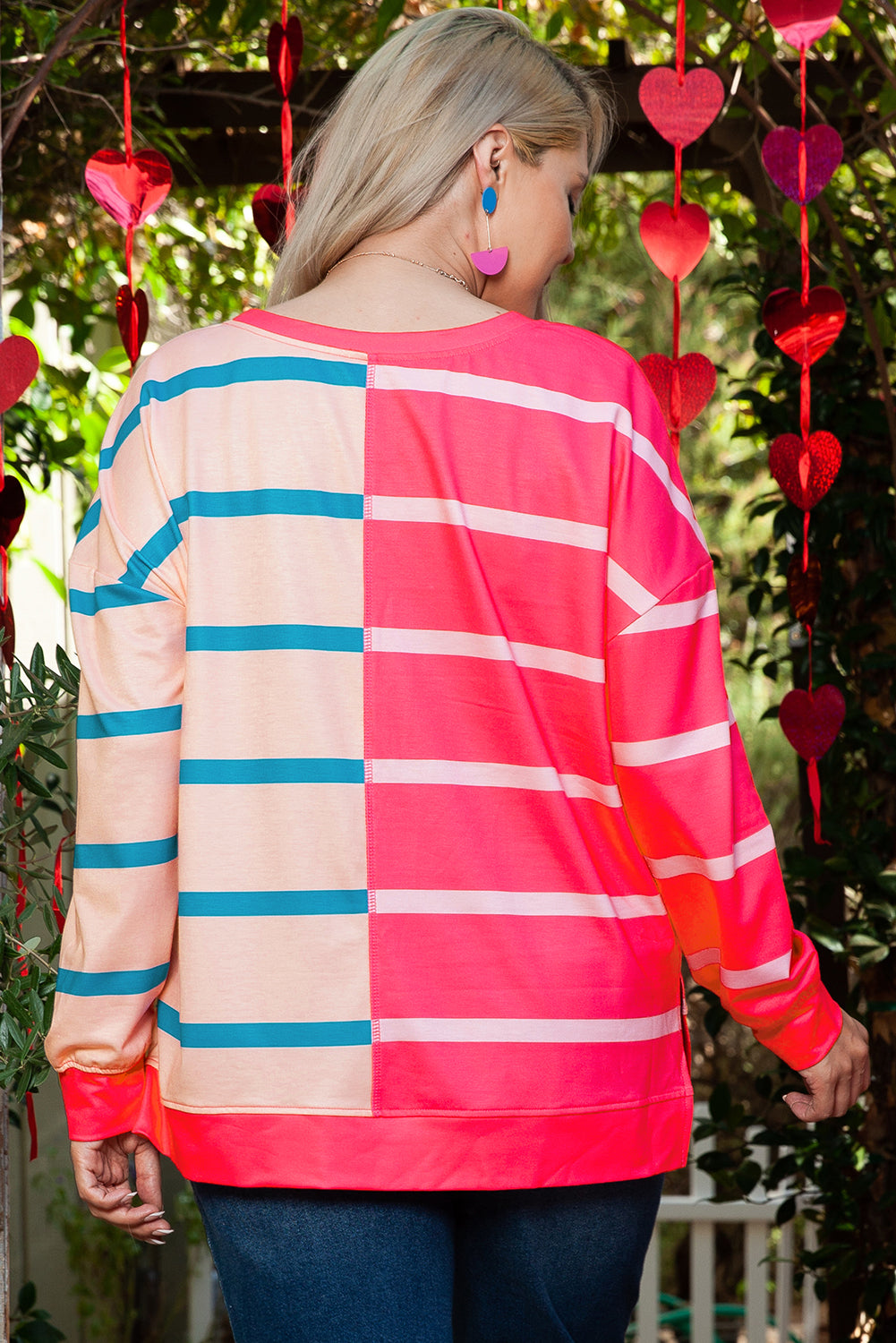 Rose Stripe Colour Block Crewneck Long Sleeve Plus Size T Shirt BB Fashion Outlet