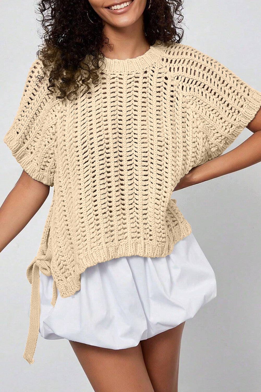 Plus Size Open Knit Bow Tie Short Sleeve Sweater - eAura