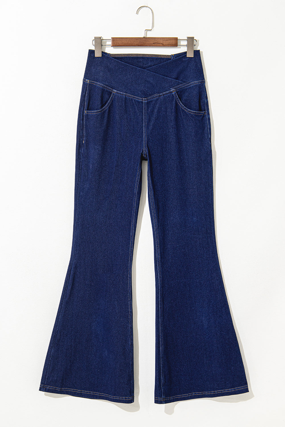 Dusk Blue Solid Crossed Waist High Elastic Fit Flare Jeans Beagle Boutique Fashion Outlet