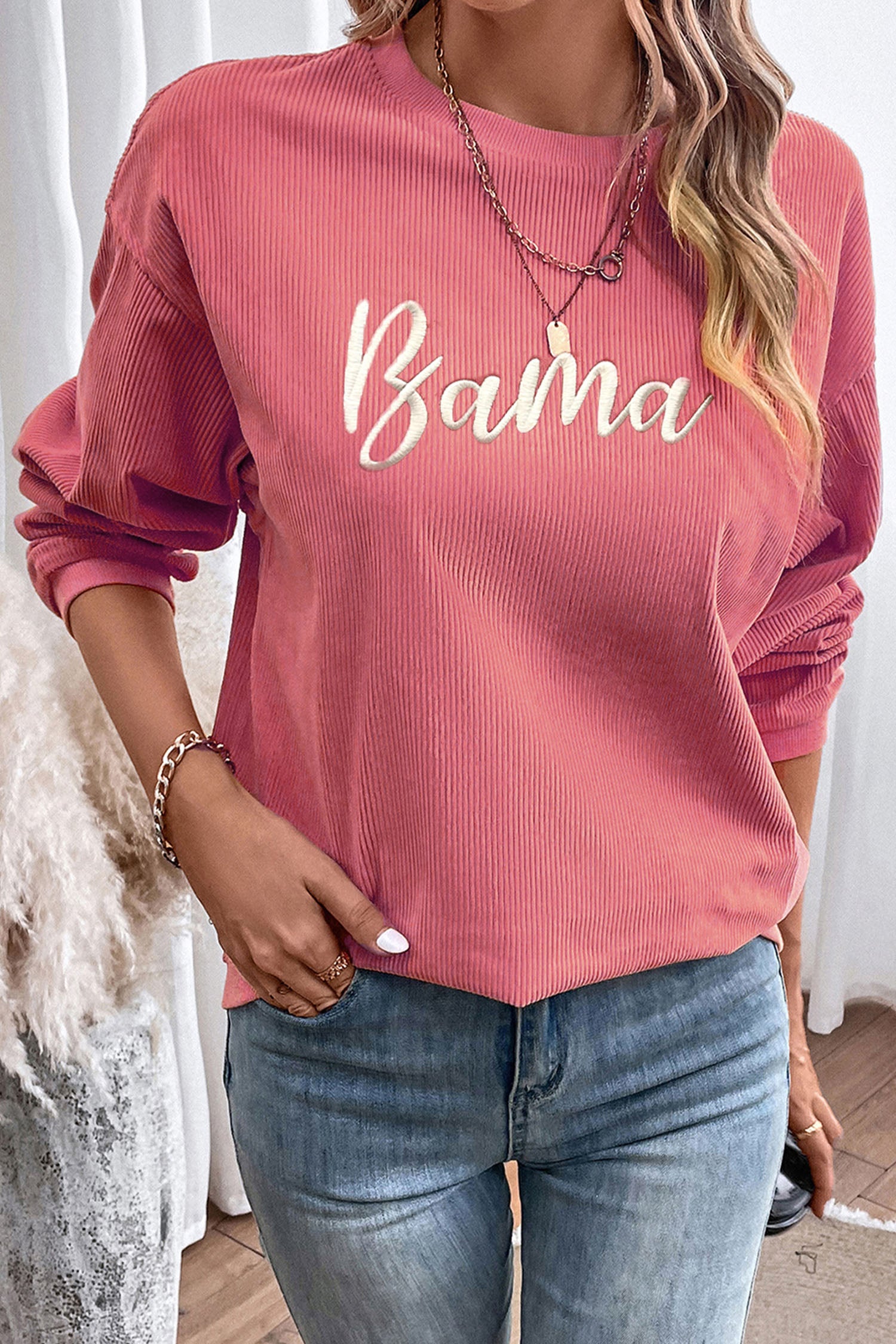 Pink Ribbed Bama Embroidered Letter Graphic Sweatshirt - Graphic/Graphic Sweatshirts