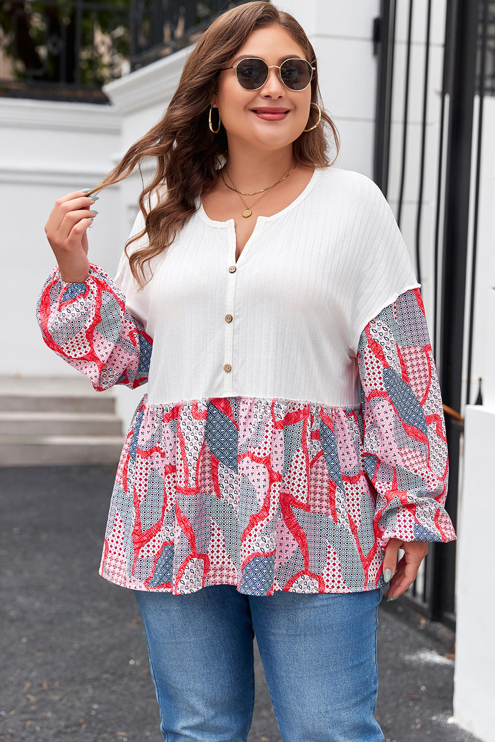 Apricot Plus Size Printed Patchwork Textured Buttoned Blouse Beagle Boutique Fashion Outlet