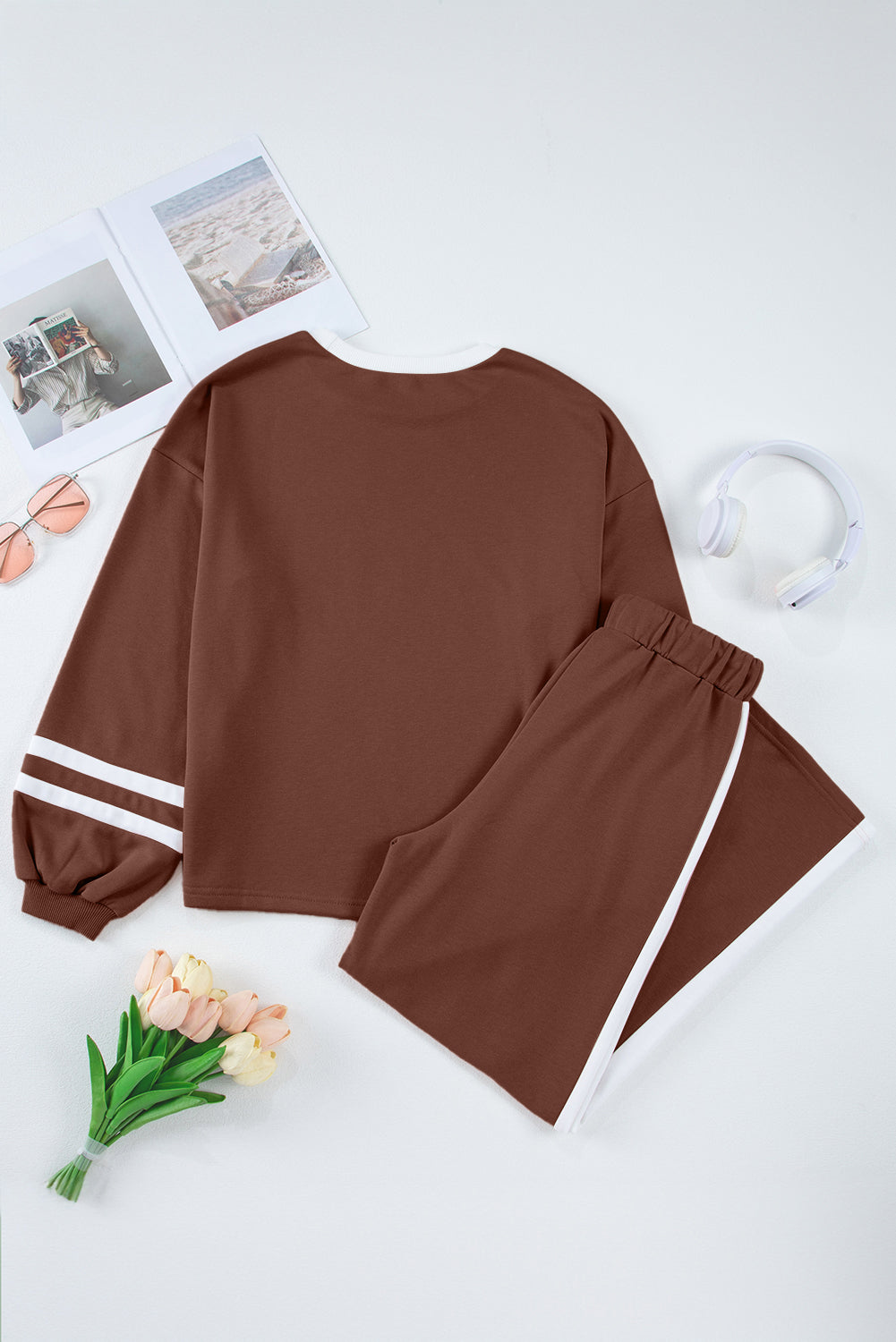 Varsity Striped Puff Sleeve Pullover & Drawstring Wide Leg Trouser Co-ord Set - eAura