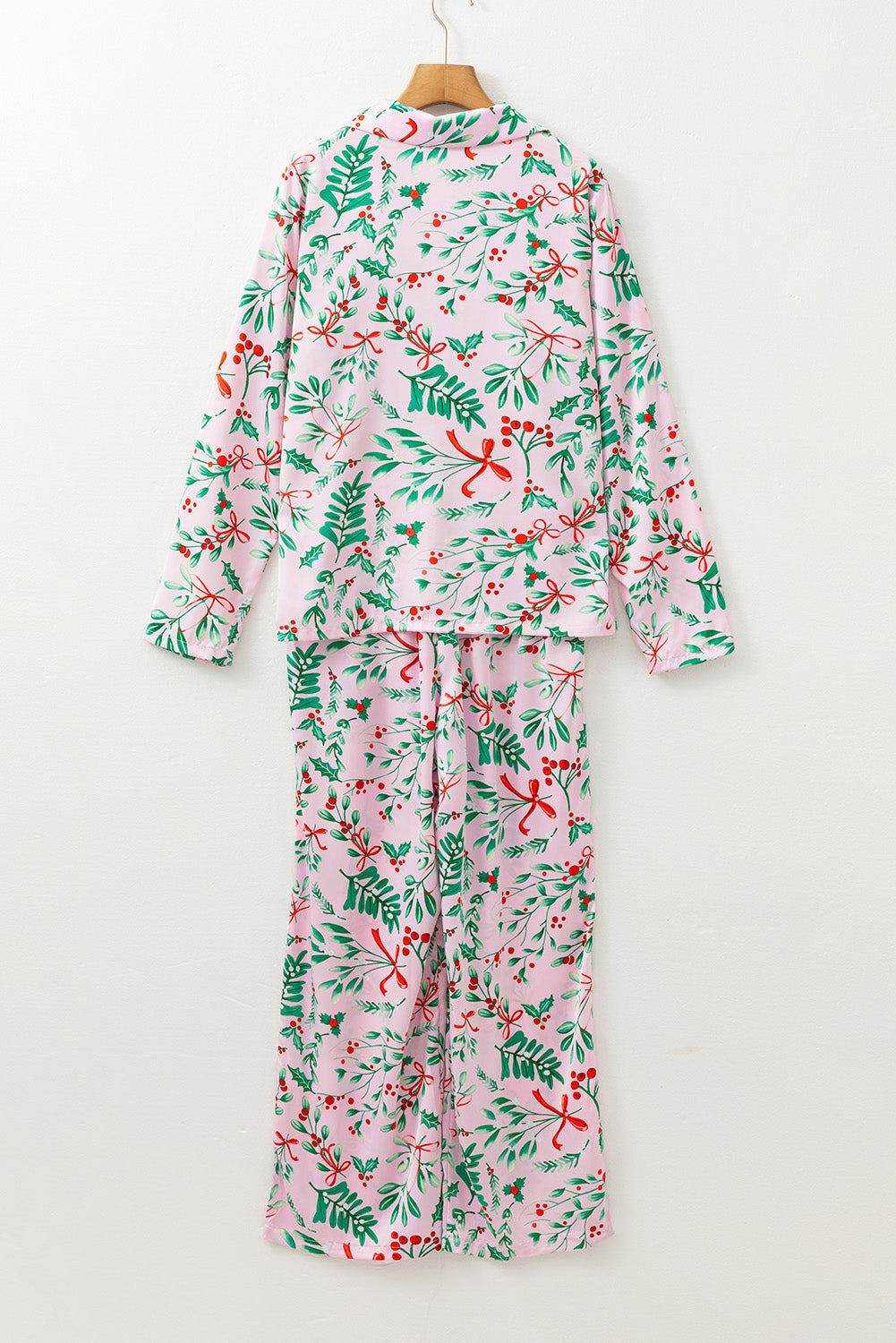 Pink Christmas Berries Print Satin Long Sleeve Pyjama Set eAura