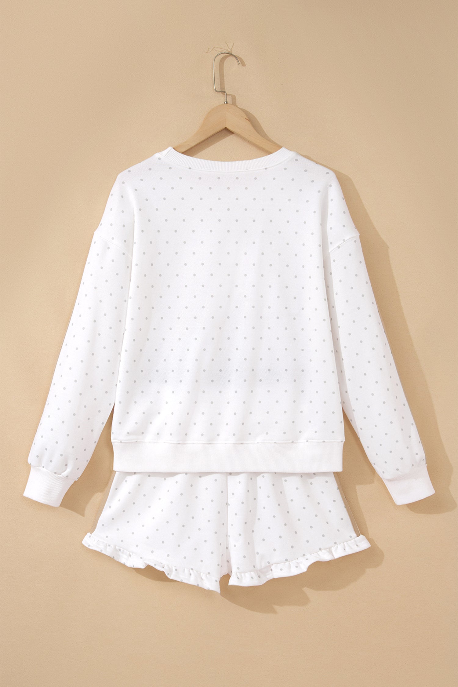 Polka Dot Print Side Stripe Detail Casual Sweatshirt 2pcs Short Set – White