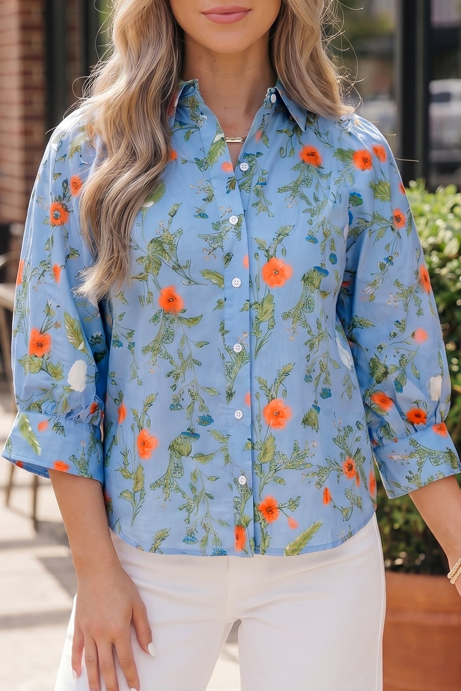 Sky Blue Floral Print Bracelet Sleeve Button Down Casual Shirt – Light Blue