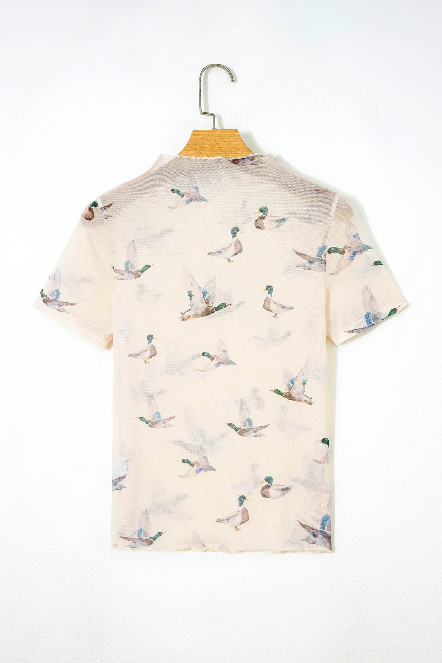 Beige Mallard Print Sheer Mesh Short Sleeve Top
