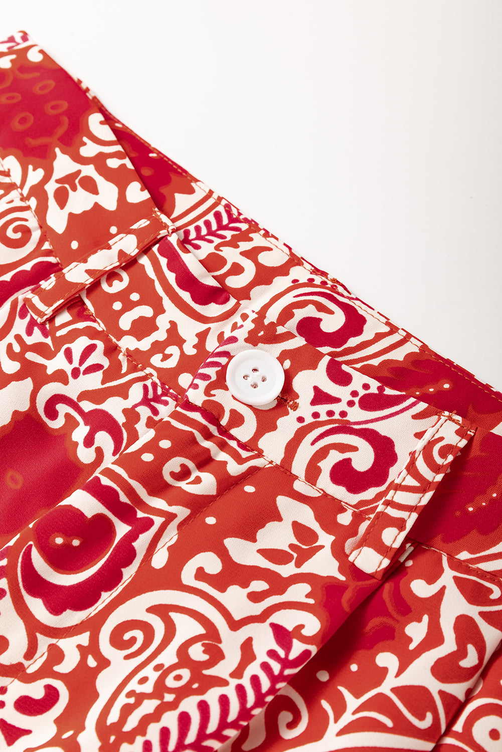 Red Paisley Printed Buttoned High Waist Straight Leg Trousers eAura