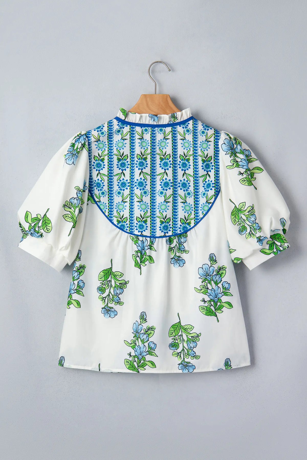 Floral Print Contrast Trim Tie Neck Blouse – White