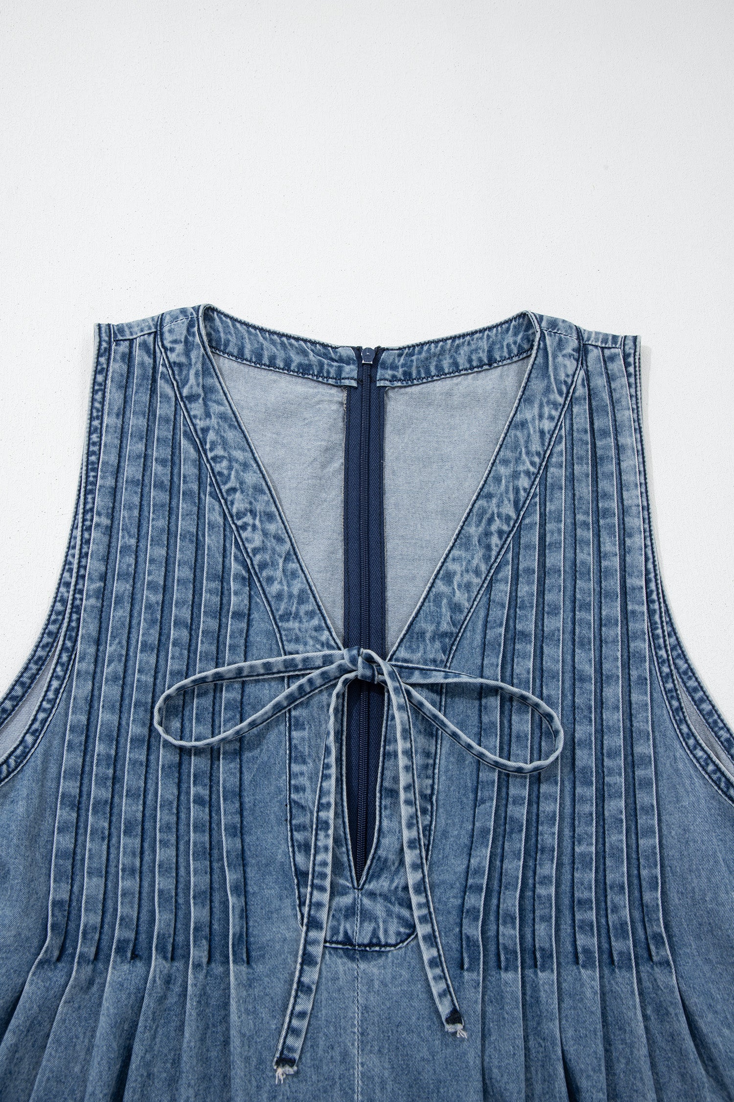 Acid Wash Pintuck Tie V Neck Denim Wide Leg Jumpsuit