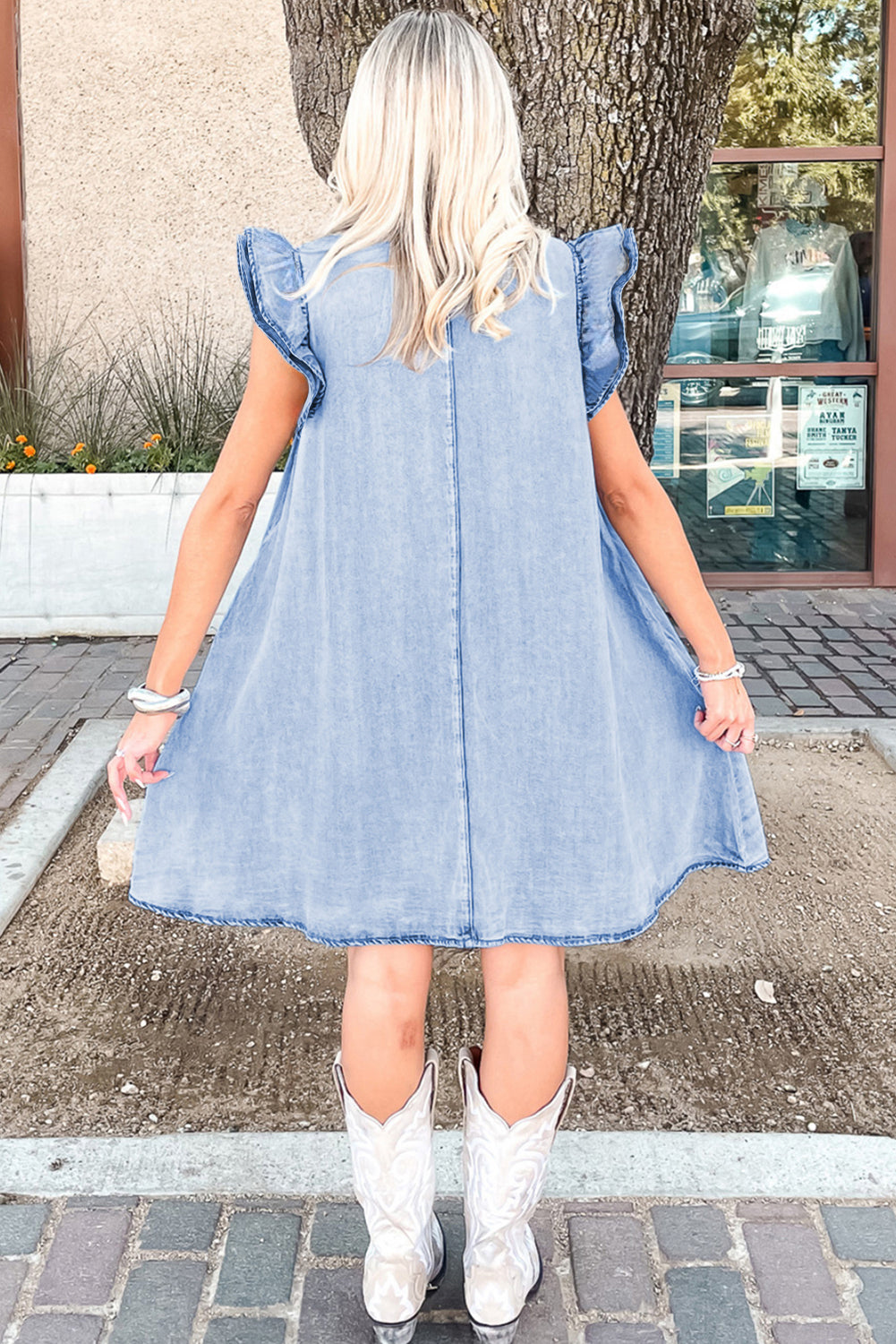 Beau Blue Double Ruffled Sleeves Buttoned A-line Collared Mini Denim Dress eAura