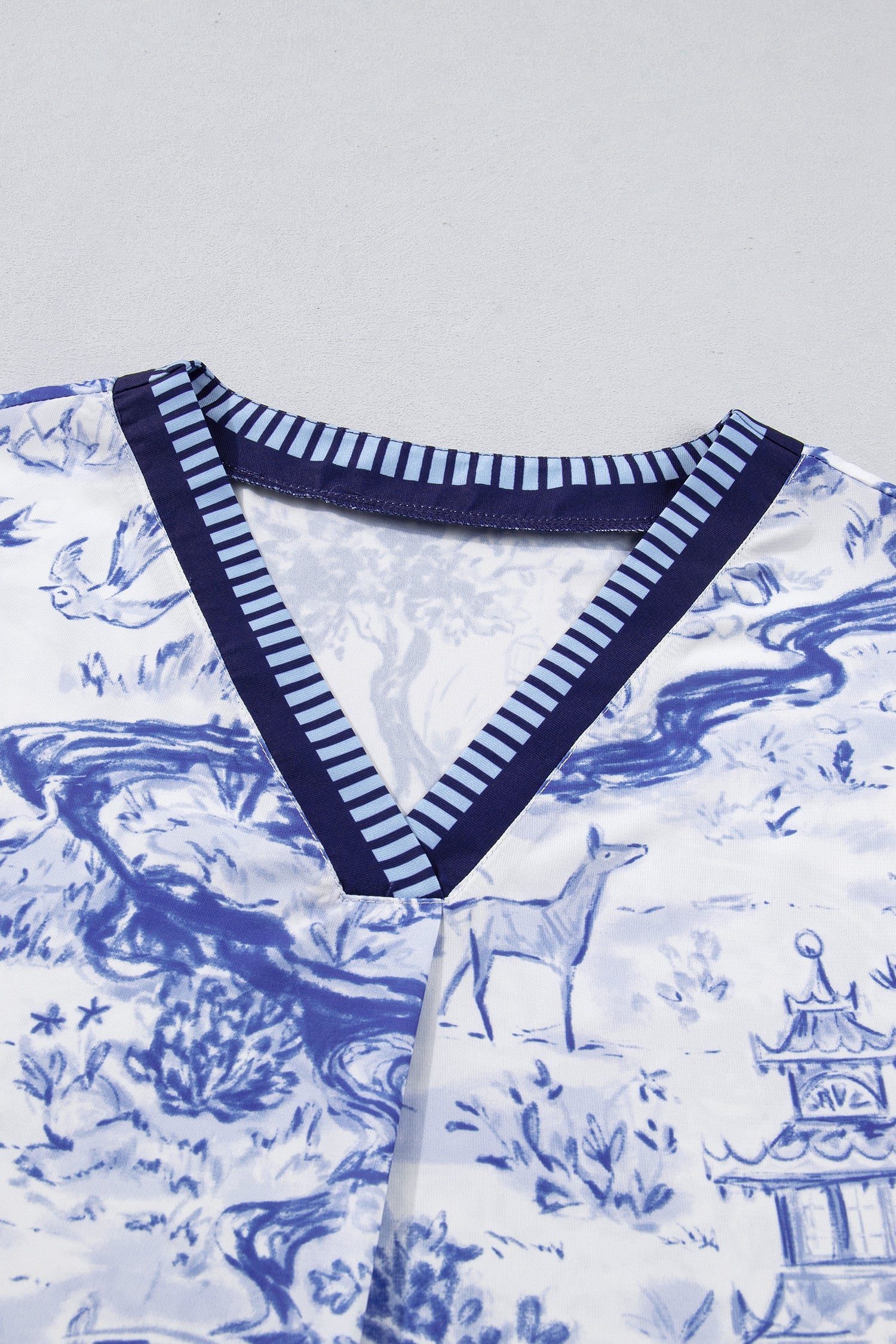 Wild Animal Paradise Striped Trim V Neck Short Sleeve Blouse – Blue