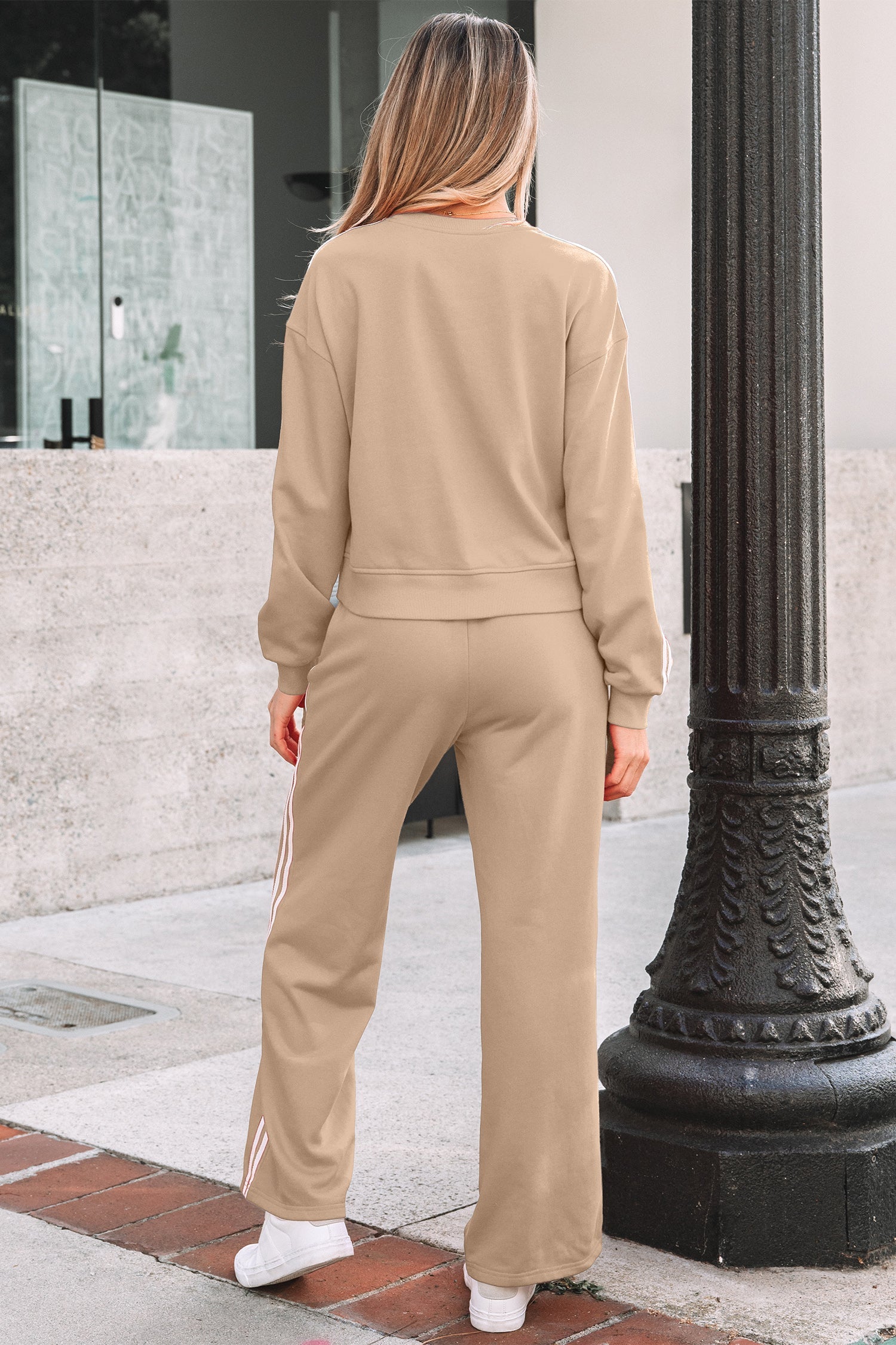 Varsity Striped Detail Crewneck Pullover Elastic Sweatpants 2pcs Co-ord - Two Piece Sets/Pant Sets