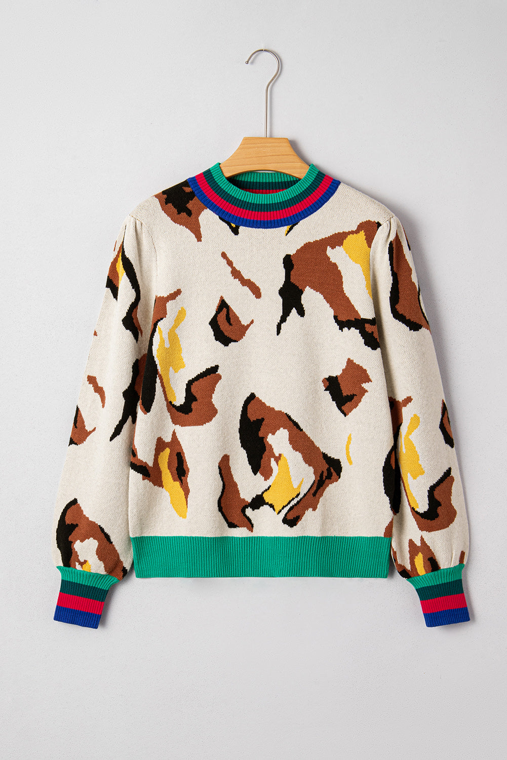 Contrast Ribbed Stripes Detail Animal Pattern Knit Sweater eAura