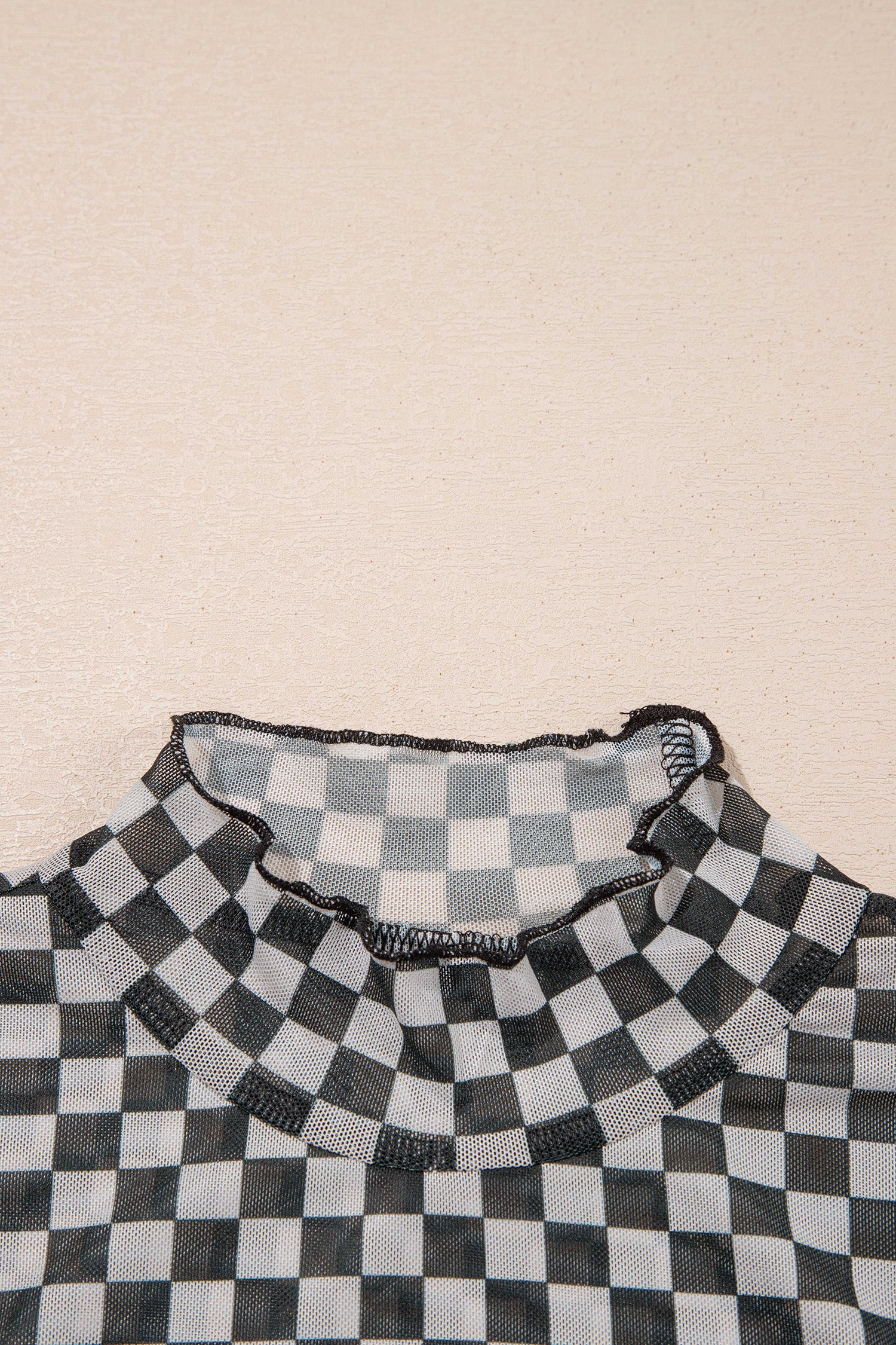 Plaid Stand Neck Long Sleeve Mesh Top – Black