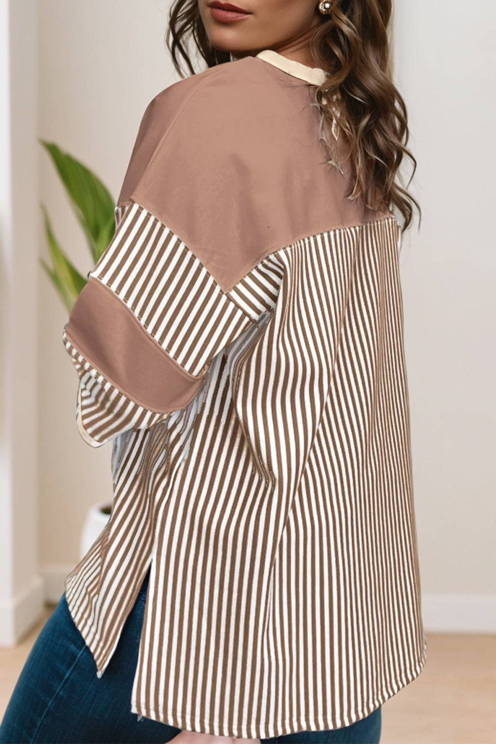 Pink Stripe Patchwork Bracelet Sleeve Plus Size T Shirt BB Fashion Outlet