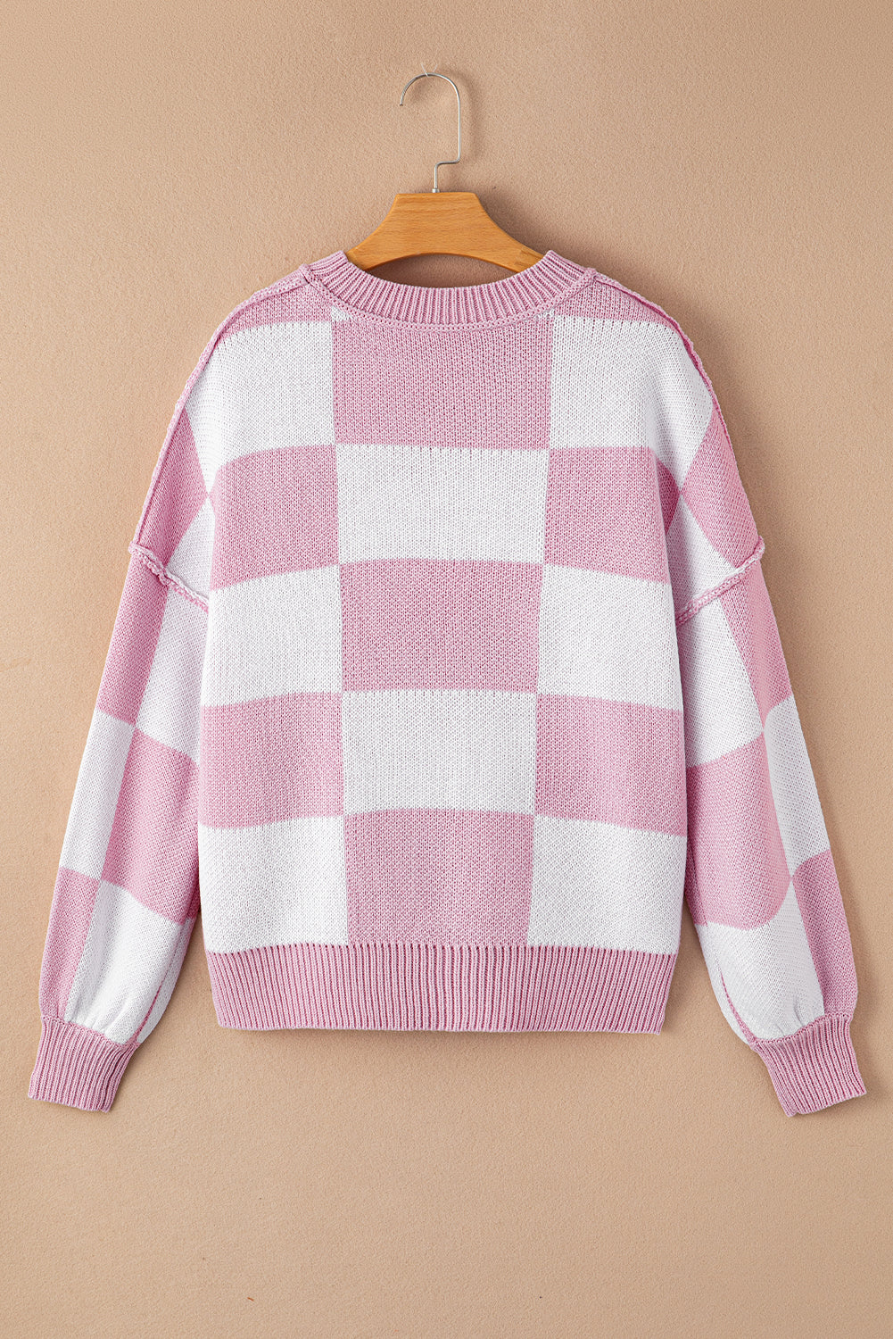 Checkered Bishop Sleeve Sweater – Rose, Pink, Green, Brown, Red & Black