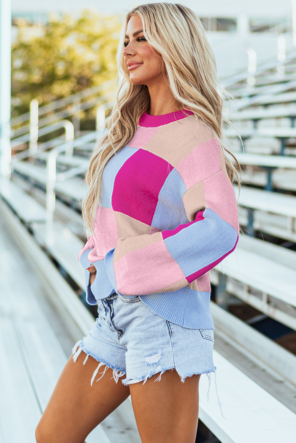 Rose Red Colour Block Drop Shoulder Crewneck Loose Fit Sweater eAura