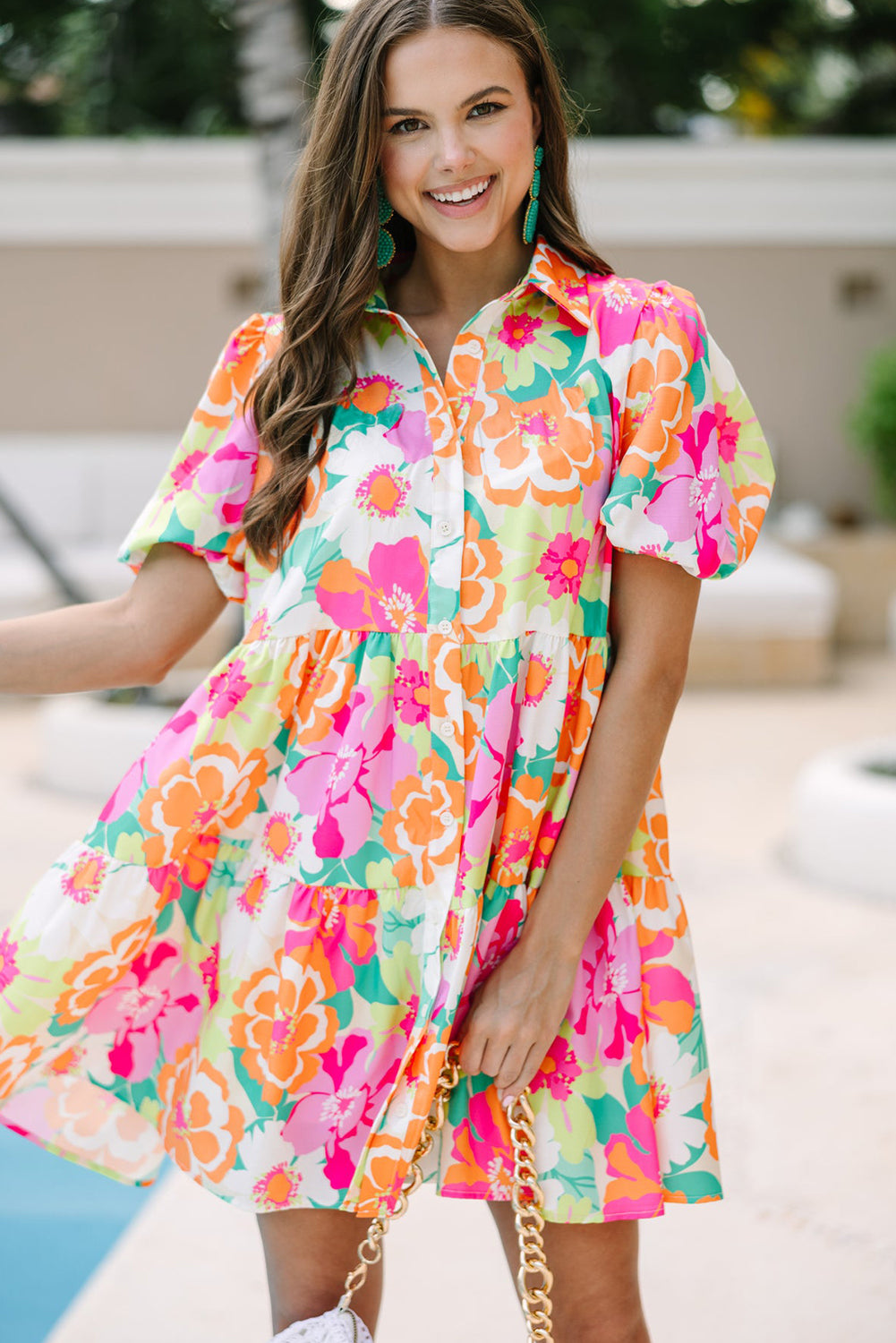 Green Floral Puff Sleeve Collar Buttoned Babydoll Dress eAura