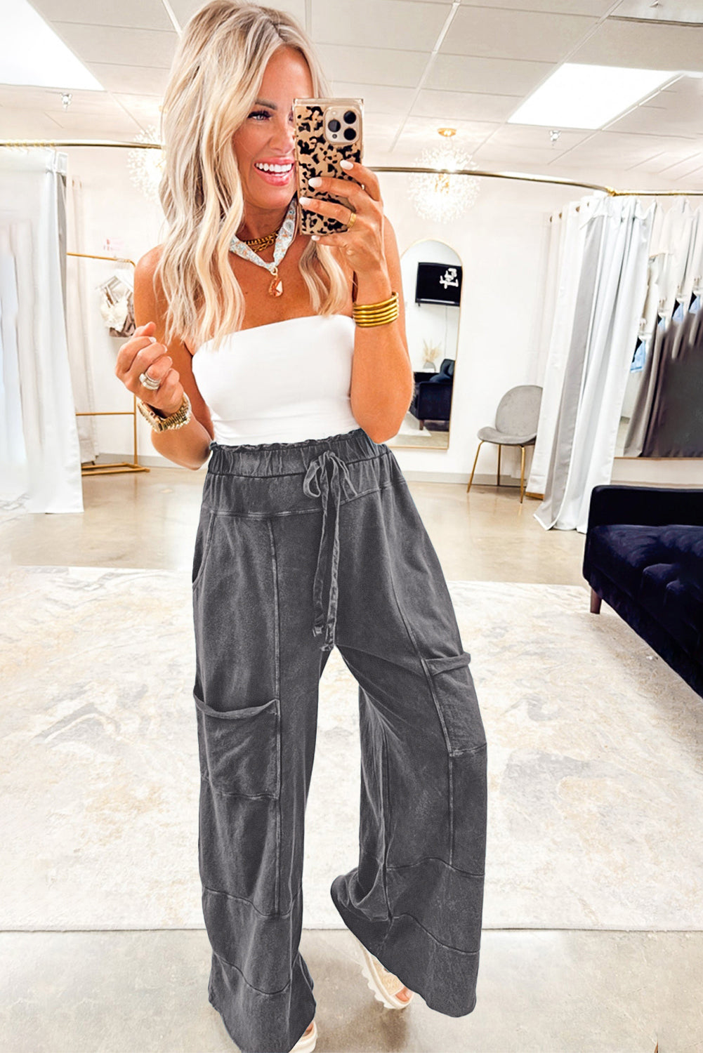 Mineral Wash High Waist Raw Hem Patched Trousers eAura