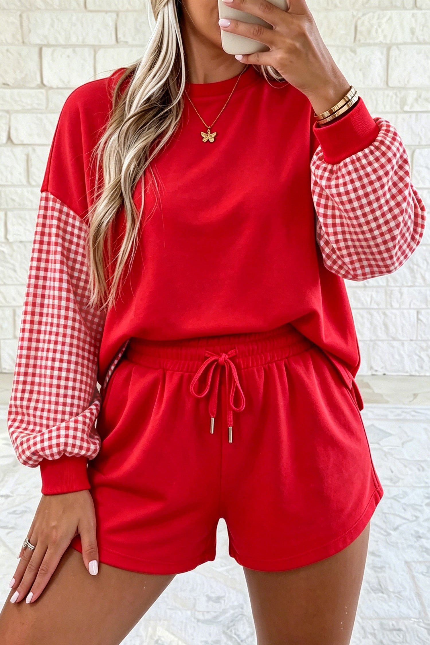 Plaid Patchwork Long Sleeve Top Solid Drawstring Shorts Set – Red