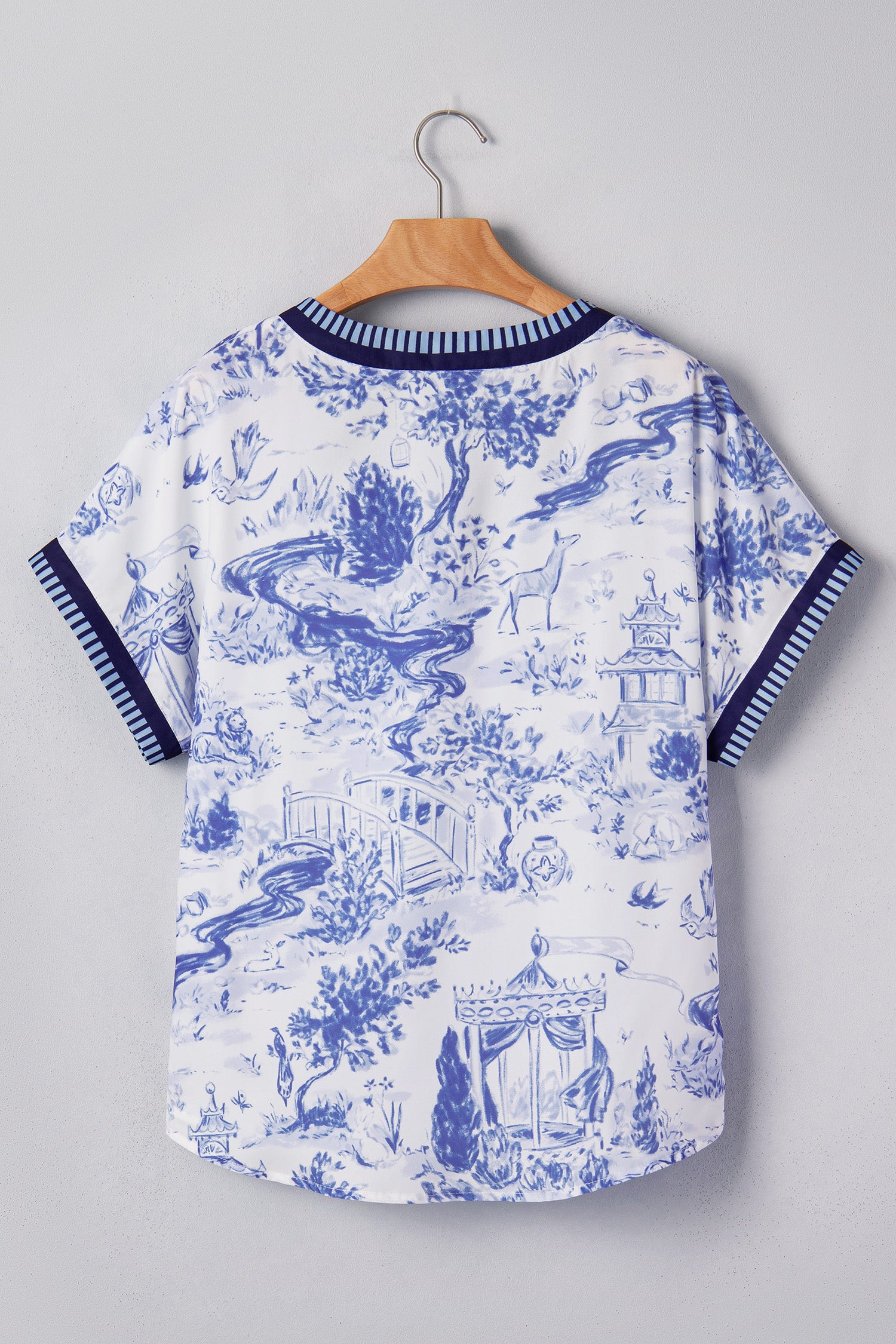 Wild Animal Paradise Striped Trim V Neck Short Sleeve Blouse – Blue