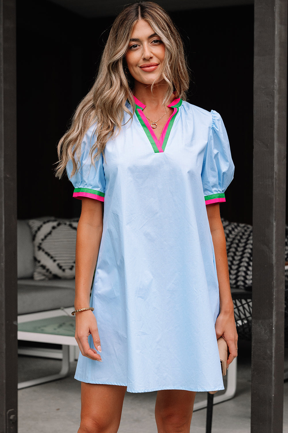 Myosotis Contrast Striped Notched V-Neck Puff Sleeve Mini Dress eAura