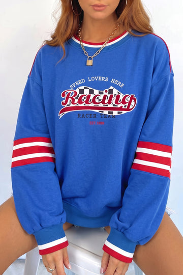 Abstract Racing Graphic Embroidered Patchwork Long Sleeve Sweatshirt – Sky Blue