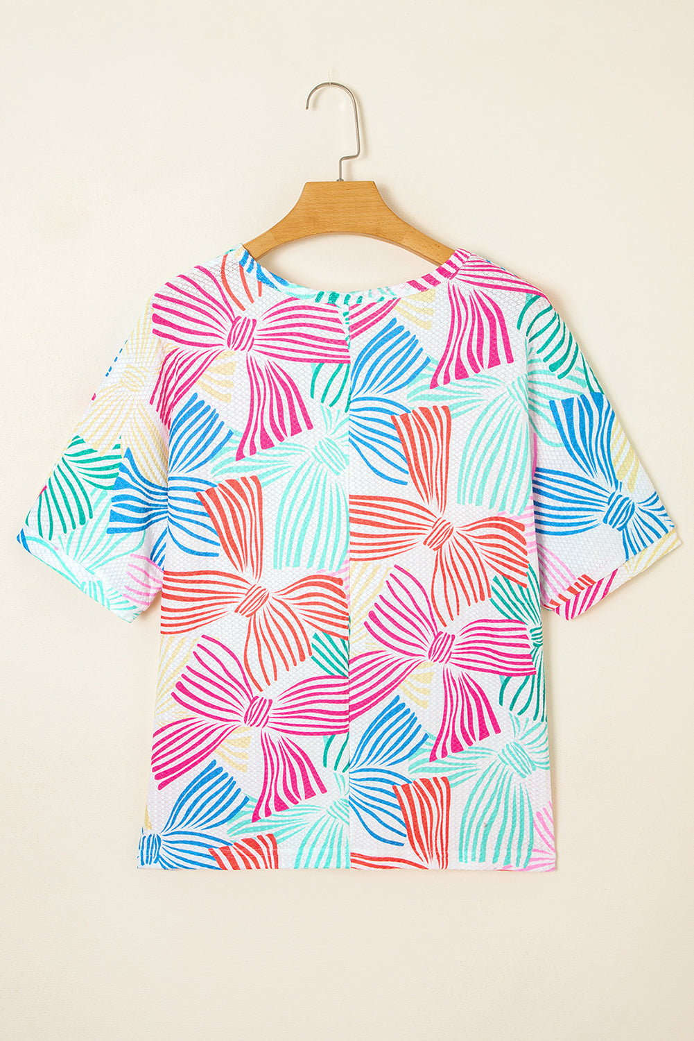 Bowknot Print Waffle Crewneck Loose Short Sleeve Top eAura